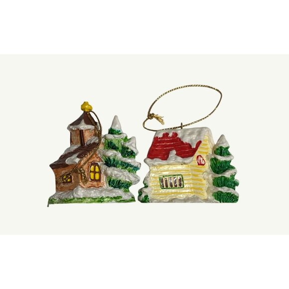 Russ Berrie Vintage Ceramic Christmas Ornaments Set Of 2 Church and Toy Shop - Picture 7 of 8